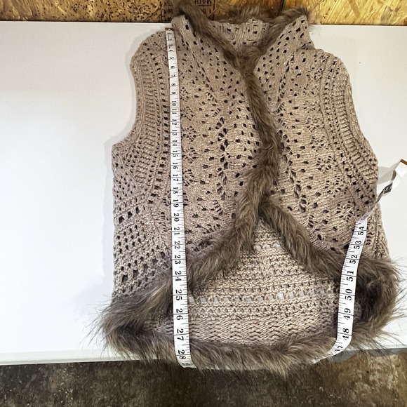 Crochet Vest Sz L Wool Blend Faux Fur Trim Mid-Length Hippie Boho Rustic Casual - Picture 13 of 13